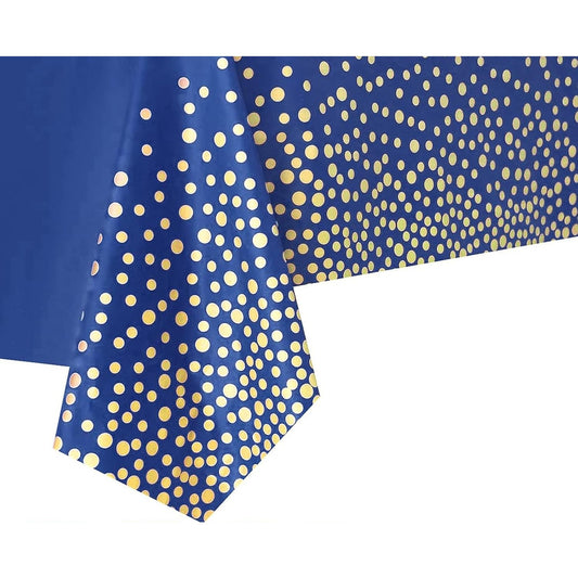 Fata de Masa, Vivimall, din PEVA, Imprimeu Buline Aurii, 137 x 274 cm, Impermeabila, Fara Pete, Curatare Rapida, Albastru Inchis