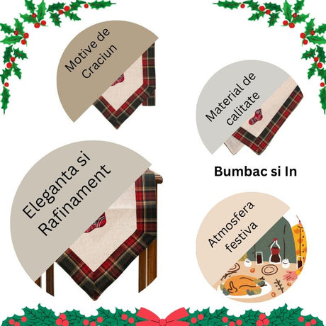 Fata de Masa Flippy, Material In Brodat, cu Motive de Craciun Ghetute, 180 x 40 cm, Crem