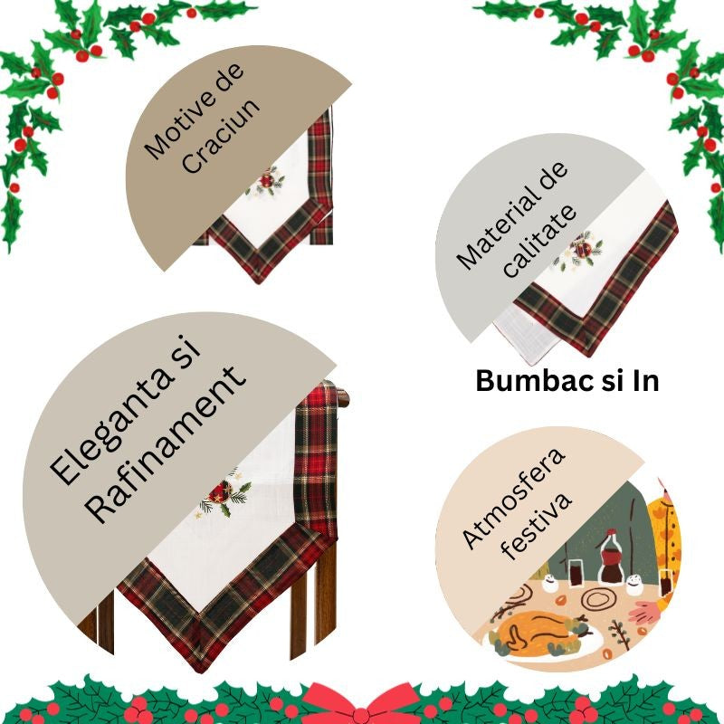 Fata de Masa Flippy, Material In Brodat, cu Motive de Craciun Lumanari, 180 x 40 cm, Alb