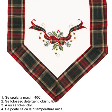 Fata de Masa Flippy, Material In Brodat, cu Motive Fundita de Craciun, 180 x 40 cm, alba