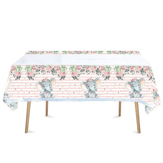 Fata de Masa, Vivimall, din Plastic, Imprimeu Elefanti, 180 x 108 cm, Roz