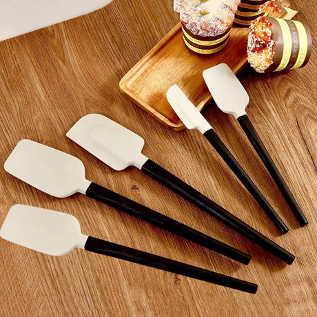 Set 5 Ustensile De Bucatarie, Din Silicon Si Lemn, Spatule De Diferite Dimensiuni, Termorezistente, Antiaderente, Alb-Negru - vivimall.ro