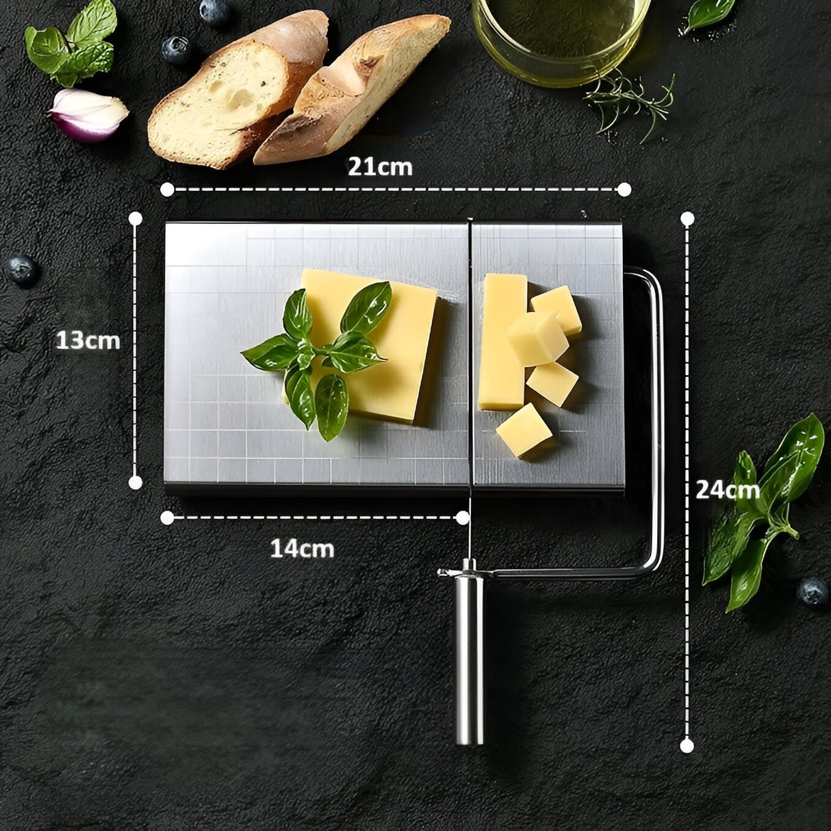 Feliator de Branza, Vivimall, din Otel Inoxidabil, 5 Fire de Rezerva, Maner Ergonomic, Scara de Masurare, 24x21cm, Argintiu - vivimall.ro