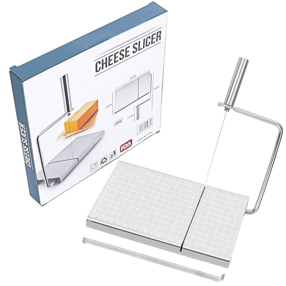 Feliator manual Vivimall, pentru cascaval, salam, prajituri, unt, din otel inoxidabil, usor de curatat si utilizat, 5 lame de schimb incluse, picioare antiderapante, 21 x 12.2 x 2.8 cm, argintiu - vivimall.ro