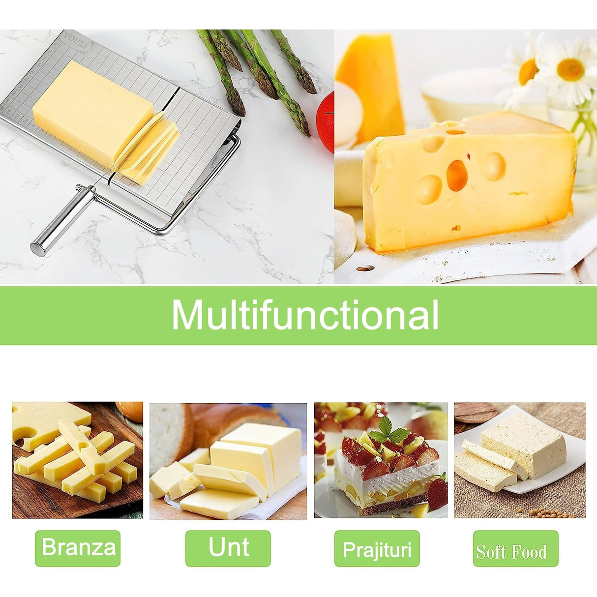 Feliator Manual Pentru Cascaval, Salam, Prajituri, Unt, Din Otel Inoxidabil, Usor De Curatat Si Utilizat, 5 Lame De Schimb Incluse, Picioare Antiderapante, 21 X 12.2 X 2.8 Cm, Argintiu - vivimall.ro