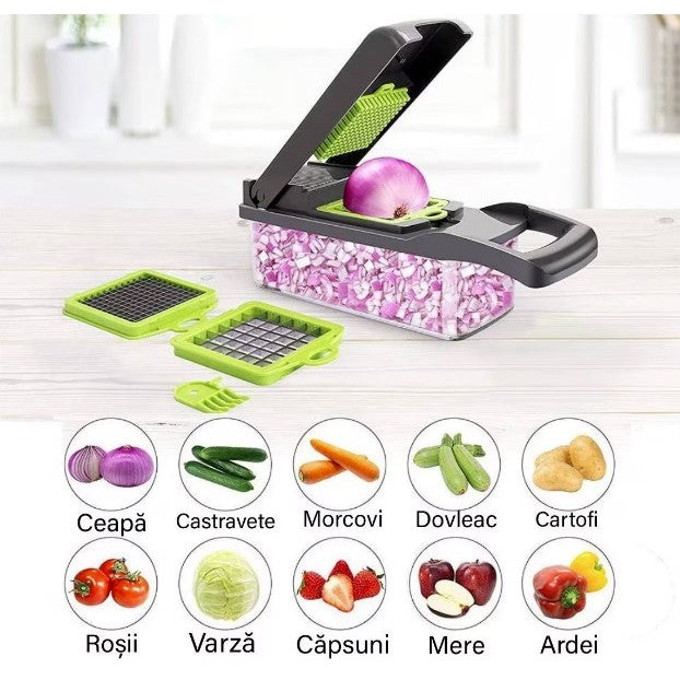 Feliator Multifunctional, Razatoare, 8 In 1, Pentru Fructe Si Legume, 10 Piese, Lame De Inox, Recipient Stocare, Separator Oua, Protectie Mana, Abs, 32.2X11.3 Cm, Verde/Gri - vivimall.ro