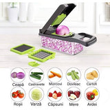 Feliator Multifunctional, Vivimall, Razatoare, 8 in 1, pentru Fructe si Legume, 10 Piese, Lame de Inox, Recipient Stocare, Separator Oua, Protectie Mana, ABS, 32.2x11.3 cm, Verde/Gri - vivimall.ro