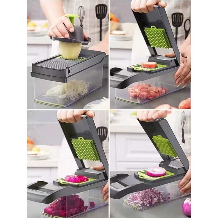 Feliator Multifunctional, Razatoare, 8 In 1, Pentru Fructe Si Legume, 10 Piese, Lame De Inox, Recipient Stocare, Separator Oua, Protectie Mana, Abs, 32.2X11.3 Cm, Verde/Gri - vivimall.ro