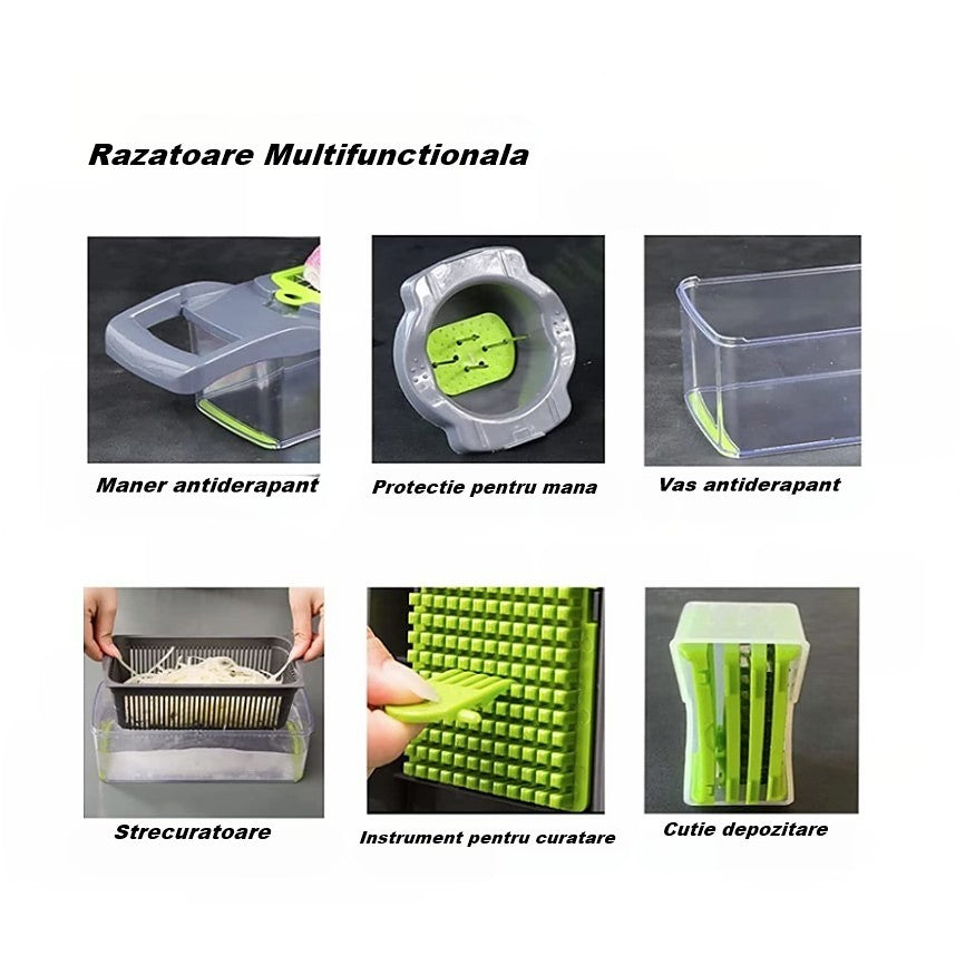 Feliator Multifunctional, Razatoare, 8 In 1, Pentru Fructe Si Legume, 10 Piese, Lame De Inox, Recipient Stocare, Separator Oua, Protectie Mana, Abs, 32.2X11.3 Cm, Verde/Gri - vivimall.ro