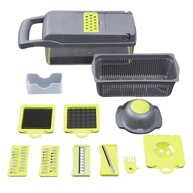 Feliator Multifunctional, Vivimall, Razatoare, 8 in 1, pentru Fructe si Legume, 10 Piese, Lame de Inox, Recipient Stocare, Separator Oua, Protectie Mana, ABS, 32.2x11.3 cm, Verde/Gri - vivimall.ro