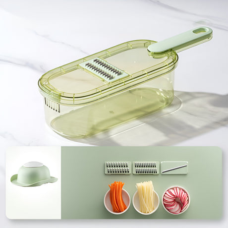 Feliator Multifunctional, 3 In 1, Pentru Fructe Si Legume, 6 Piese, Maner, Lame De Inox, Recipient Stocare, Protectie Mana, Abs, 35X12X9.4 Cm, Verde - vivimall.ro