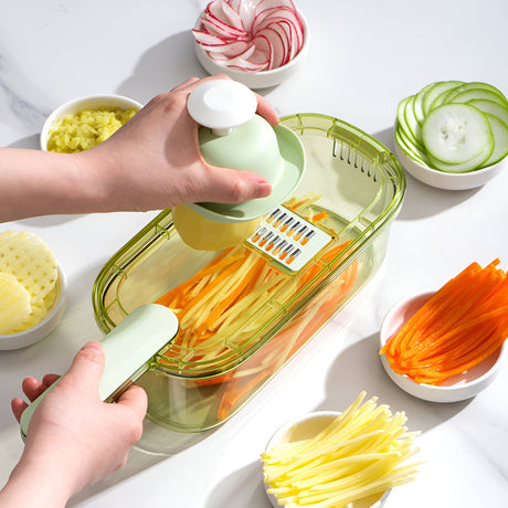 Feliator Multifunctional, 3 In 1, Pentru Fructe Si Legume, 6 Piese, Maner, Lame De Inox, Recipient Stocare, Protectie Mana, Abs, 35X12X9.4 Cm, Verde - vivimall.ro