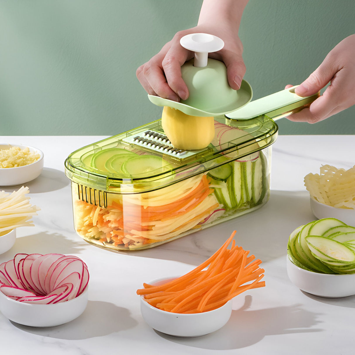 Feliator Multifunctional, 3 In 1, Pentru Fructe Si Legume, 6 Piese, Maner, Lame De Inox, Recipient Stocare, Protectie Mana, Abs, 35X12X9.4 Cm, Verde - vivimall.ro