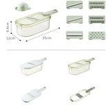 Feliator Multifunctional, 6 In 1, Pentru Fructe Si Legume, 9 Piese, Maner, Lame De Inox, Recipient Stocare, Protectie Mana, Abs, 35X12X9.4 Cm, Verde - vivimall.ro