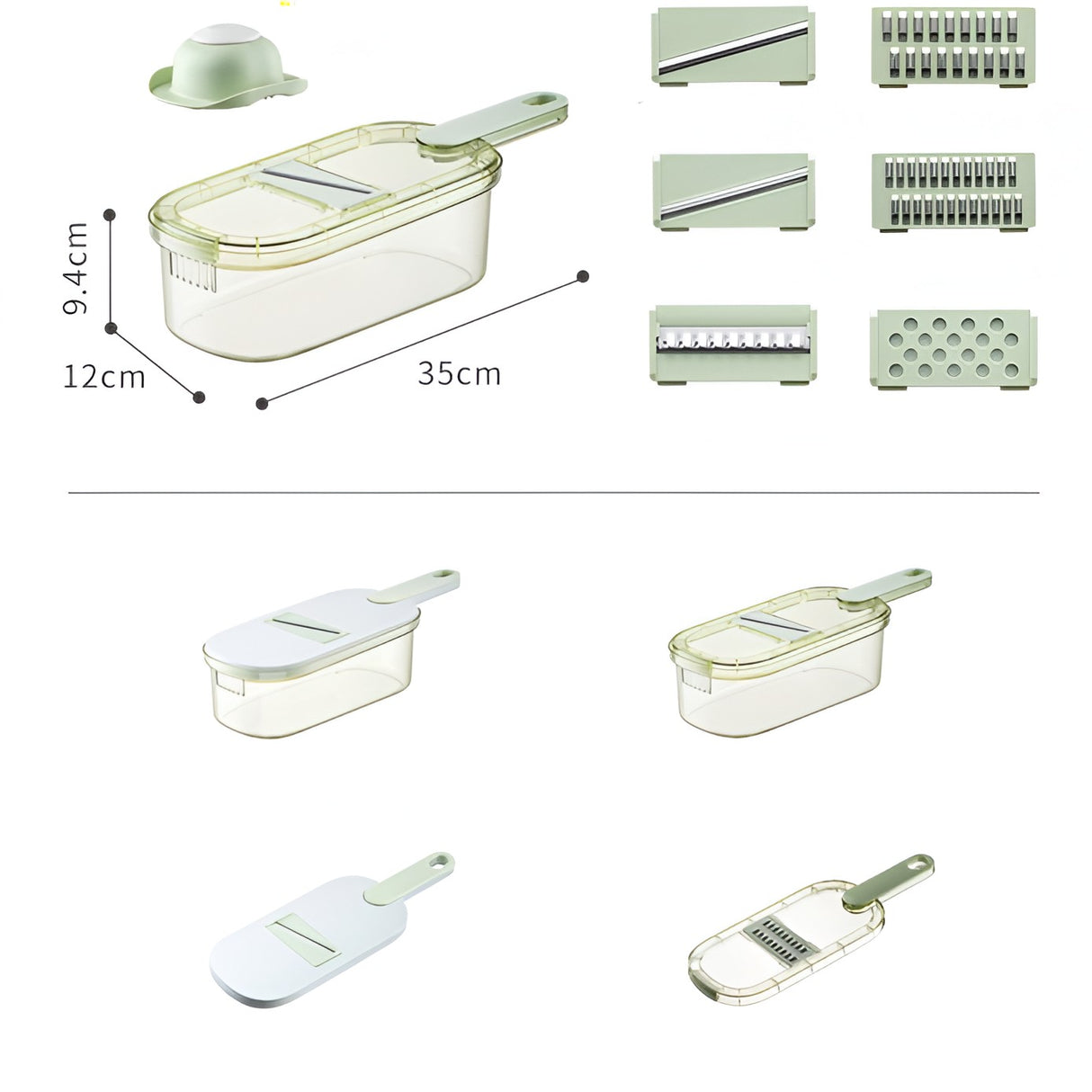 Feliator Multifunctional, Vivimall, 6 in 1, pentru Fructe si Legume, 9 Piese, Maner, Lame de Inox, Recipient Stocare, Protectie Mana, ABS, 35x12x9.4 cm, Verde - vivimall.ro