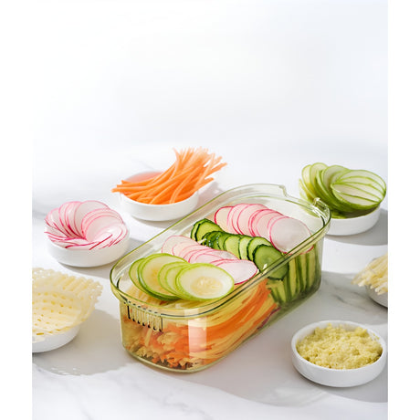 Feliator Multifunctional, 6 In 1, Pentru Fructe Si Legume, 9 Piese, Maner, Lame De Inox, Recipient Stocare, Protectie Mana, Abs, 35X12X9.4 Cm, Verde - vivimall.ro