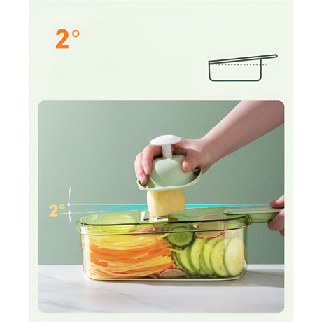 Feliator Multifunctional, 6 In 1, Pentru Fructe Si Legume, 9 Piese, Maner, Lame De Inox, Recipient Stocare, Protectie Mana, Abs, 35X12X9.4 Cm, Verde - vivimall.ro