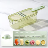 Feliator Multifunctional, 6 In 1, Pentru Fructe Si Legume, 9 Piese, Maner, Lame De Inox, Recipient Stocare, Protectie Mana, Abs, 35X12X9.4 Cm, Verde - vivimall.ro