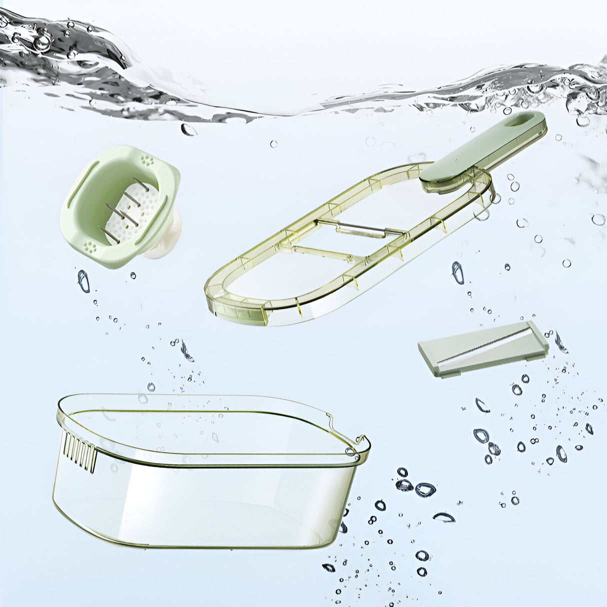 Feliator Multifunctional, 6 In 1, Pentru Fructe Si Legume, 9 Piese, Maner, Lame De Inox, Recipient Stocare, Protectie Mana, Abs, 35X12X9.4 Cm, Verde - vivimall.ro
