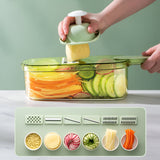 Feliator Multifunctional, 6 In 1, Pentru Fructe Si Legume, 9 Piese, Maner, Lame De Inox, Recipient Stocare, Protectie Mana, Abs, 35X12X9.4 Cm, Verde - vivimall.ro