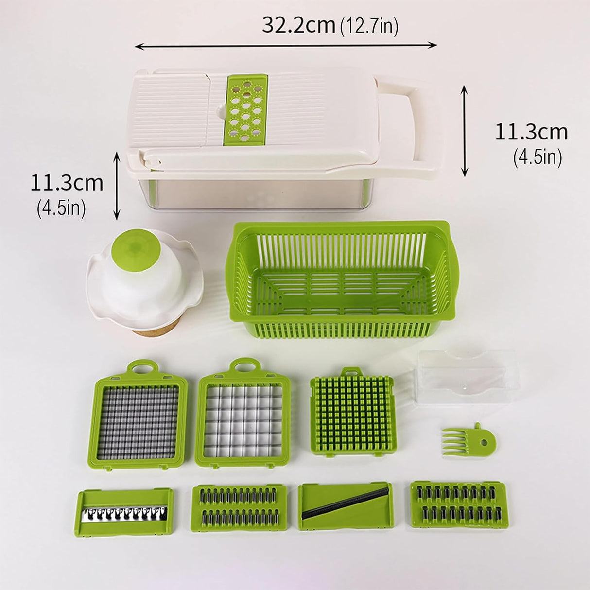 Feliator Multifunctional, Vivimall, Razatoare, 8 in 1, pentru Fructe si Legume, 10 Piese, Lame de Inox, Recipient Stocare, Separator Oua, Protectie Mana, ABS, 67.5x38.5x49.5 cm, Verde/Alb - vivimall.ro