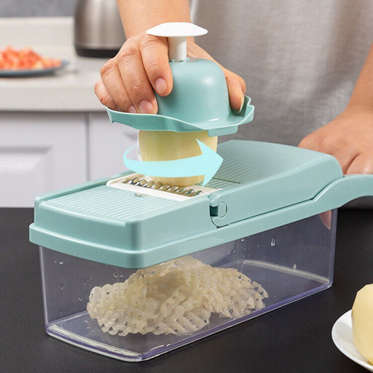 Feliator Multifuncțional, Răzătoare 8 în 1, Pentru Fructe și Legume, 10 Piese, Lame de Inox, Recipient Stocare, Separator Ouă, Protecție Mână, ABS, 32,2 x 11,3 cm, Albastru-Alb