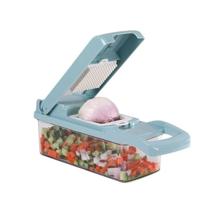 Feliator Multifuncțional, Răzătoare 8 în 1, Pentru Fructe și Legume, 10 Piese, Lame de Inox, Recipient Stocare, Separator Ouă, Protecție Mână, ABS, 32,2 x 11,3 cm, Albastru-Alb