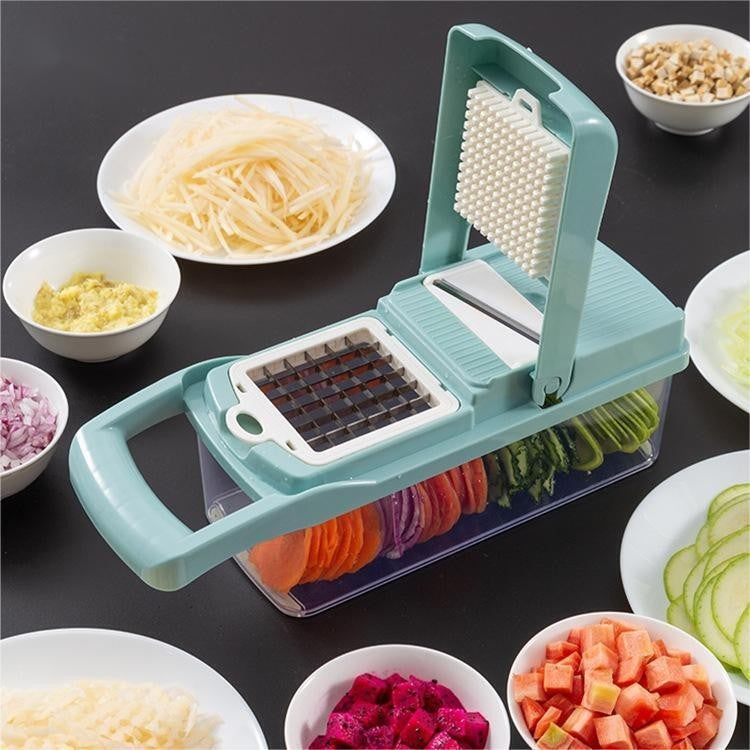 Feliator Multifuncțional, Răzătoare 8 în 1, Pentru Fructe și Legume, 10 Piese, Lame de Inox, Recipient Stocare, Separator Ouă, Protecție Mână, ABS, 32,2 x 11,3 cm, Albastru-Alb