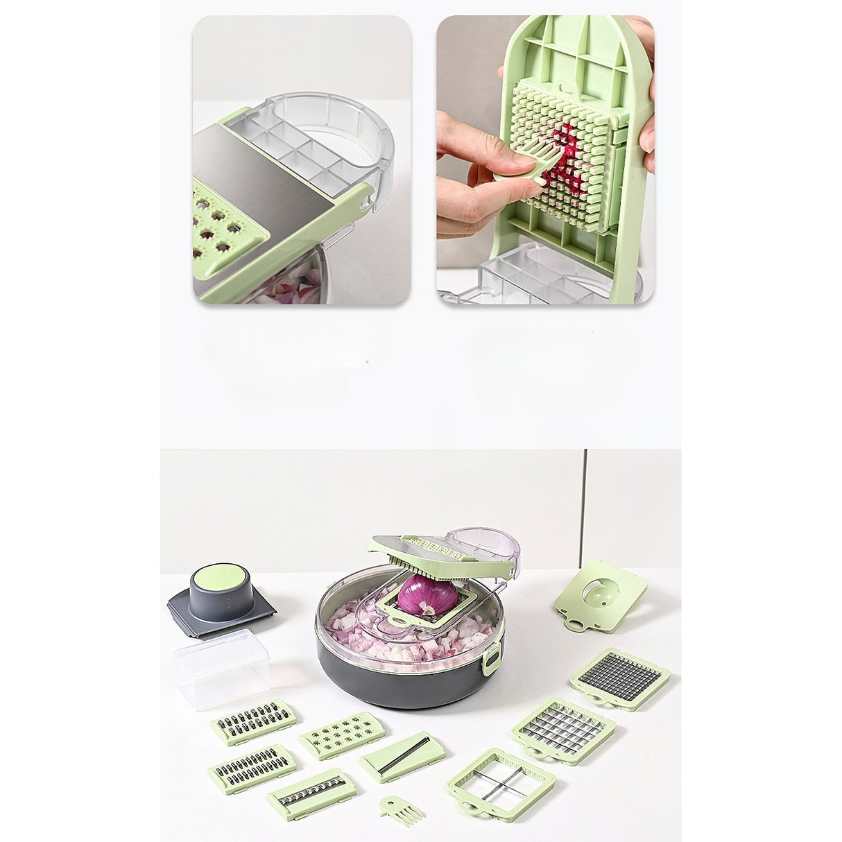 Feliator Multifunctional, Vivimall, Razatoare, 8 in 1, pentru Fructe si Legume, 12 Piese, Lame de Inox, Recipient Stocare, Separator Oua, Protectie Mana, ABS, Gri/Verde, 29.5x9x21.8 cm - vivimall.ro