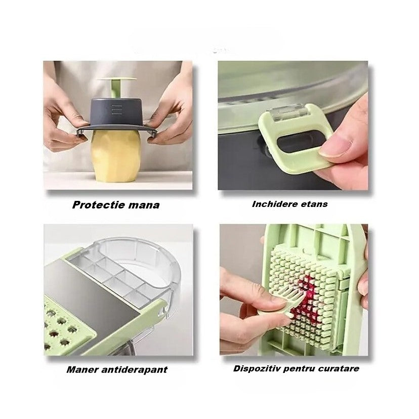 Feliator Multifunctional, Vivimall, Razatoare, 8 in 1, pentru Fructe si Legume, 12 Piese, Lame de Inox, Recipient Stocare, Separator Oua, Protectie Mana, ABS, Gri/Verde, 29.5x9x21.8 cm - vivimall.ro