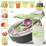 Feliator Multifunctional, Razatoare, 8 In 1, Pentru Fructe Si Legume, 12 Piese, Lame De Inox, Recipient Stocare, Separator Oua, Protectie Mana, Abs, Gri/Verde, 29.5X9X21.8 Cm - vivimall.ro