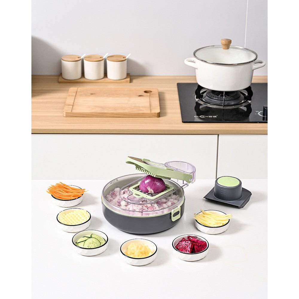 Feliator Multifunctional, Razatoare, 8 In 1, Pentru Fructe Si Legume, 12 Piese, Lame De Inox, Recipient Stocare, Separator Oua, Protectie Mana, Abs, Gri/Verde, 29.5X9X21.8 Cm - vivimall.ro