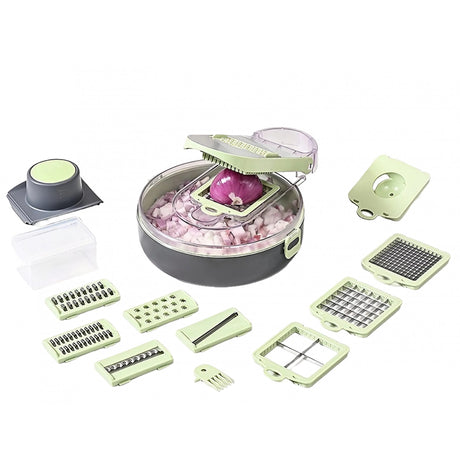 Feliator Multifunctional, Vivimall, Razatoare, 8 in 1, pentru Fructe si Legume, 12 Piese, Lame de Inox, Recipient Stocare, Separator Oua, Protectie Mana, ABS, Gri/Verde, 29.5x9x21.8 cm - vivimall.ro