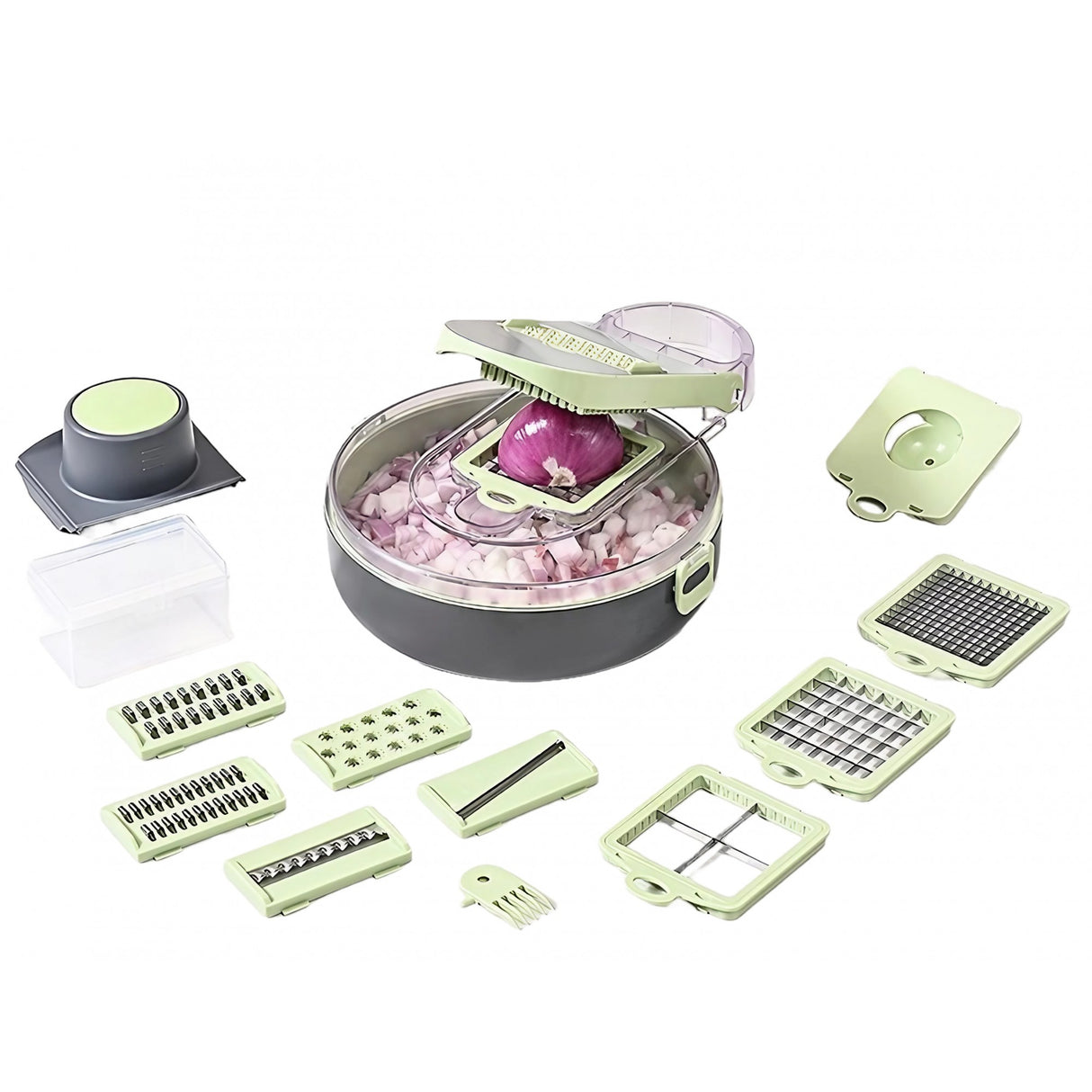 Feliator Multifunctional, Razatoare, 8 In 1, Pentru Fructe Si Legume, 12 Piese, Lame De Inox, Recipient Stocare, Separator Oua, Protectie Mana, Abs, Gri/Verde, 29.5X9X21.8 Cm - vivimall.ro