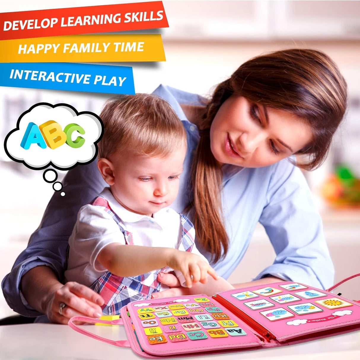 Carte Senzoriala Educativa Montessori 7In1, 26 De Activitati, Dezvoltare Abilitati Motorii, 4 Pagini, Model Dinozauri, 28X22X7 Cm, Roz - vivimall.ro