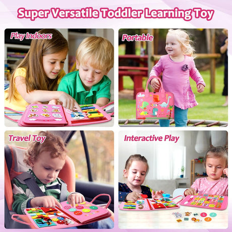 Carte Senzoriala Educativa Montessori 7In1, 26 De Activitati, Dezvoltare Abilitati Motorii, 4 Pagini, Model Dinozauri, 28X22X7 Cm, Roz - vivimall.ro