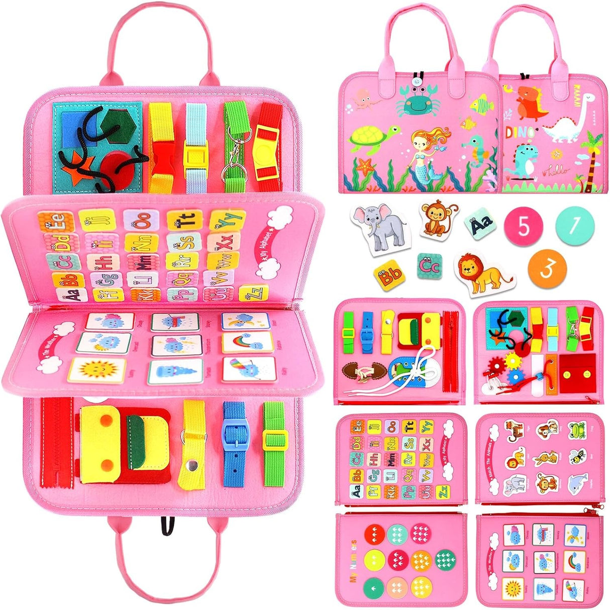 Carte Senzoriala Educativa Montessori 7In1, 26 De Activitati, Dezvoltare Abilitati Motorii, 4 Pagini, Model Dinozauri, 28X22X7 Cm, Roz - vivimall.ro