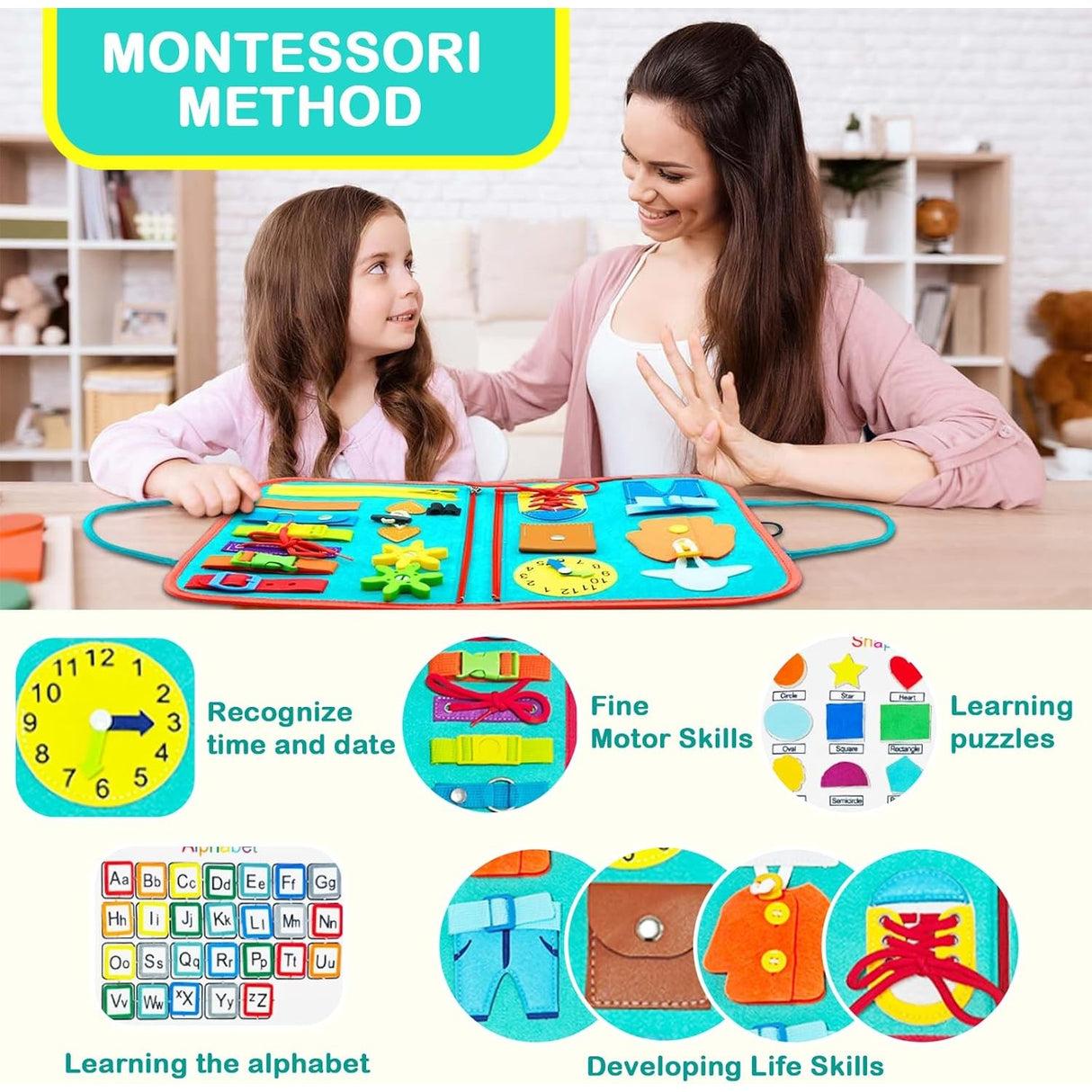 Carte Senzoriala Educativa Montessori, Vivimall, cu Activitati, Dezvoltare Abilitati Motorii, 4 Pagini, Model Spatiu Cosmic, 28x22x7 cm, Albastru