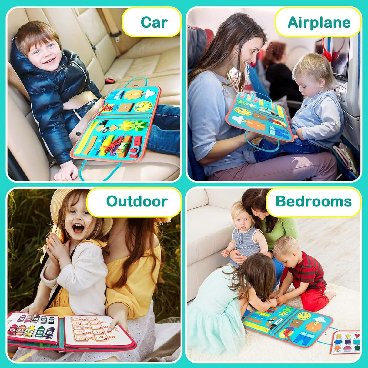 Carte Senzoriala Educativa Montessori, Vivimall, cu Activitati, Dezvoltare Abilitati Motorii, 4 Pagini, Model Spatiu Cosmic, 28x22x7 cm, Albastru