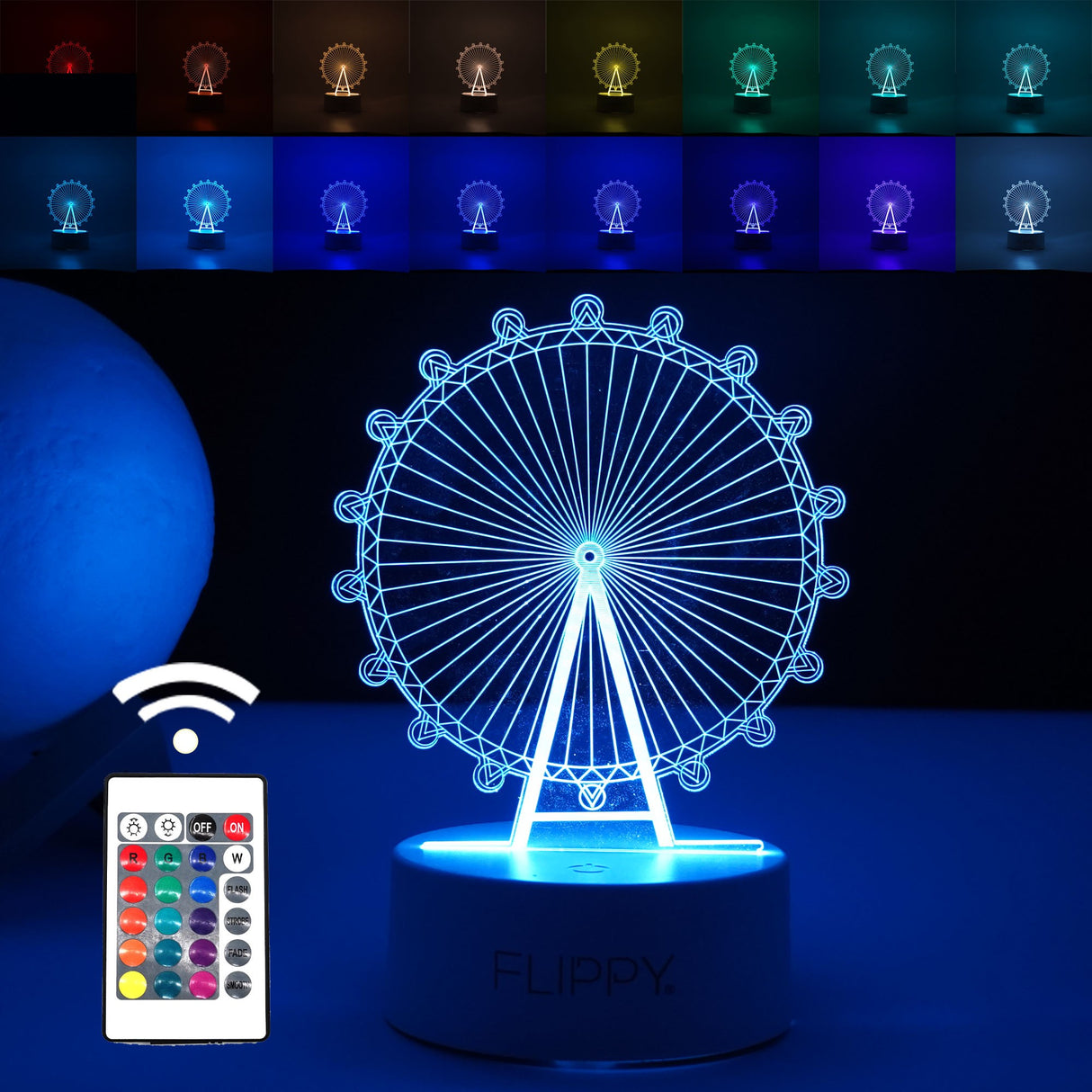Lampa Led Decorativa, 3D, Roata Panoramica, Cu Telecomanda, Doua Moduri De Alimentare Usb Si Baterii, 20 Cm Inaltime, Din Material Acril Si Lumina A, Alb - vivimall.ro