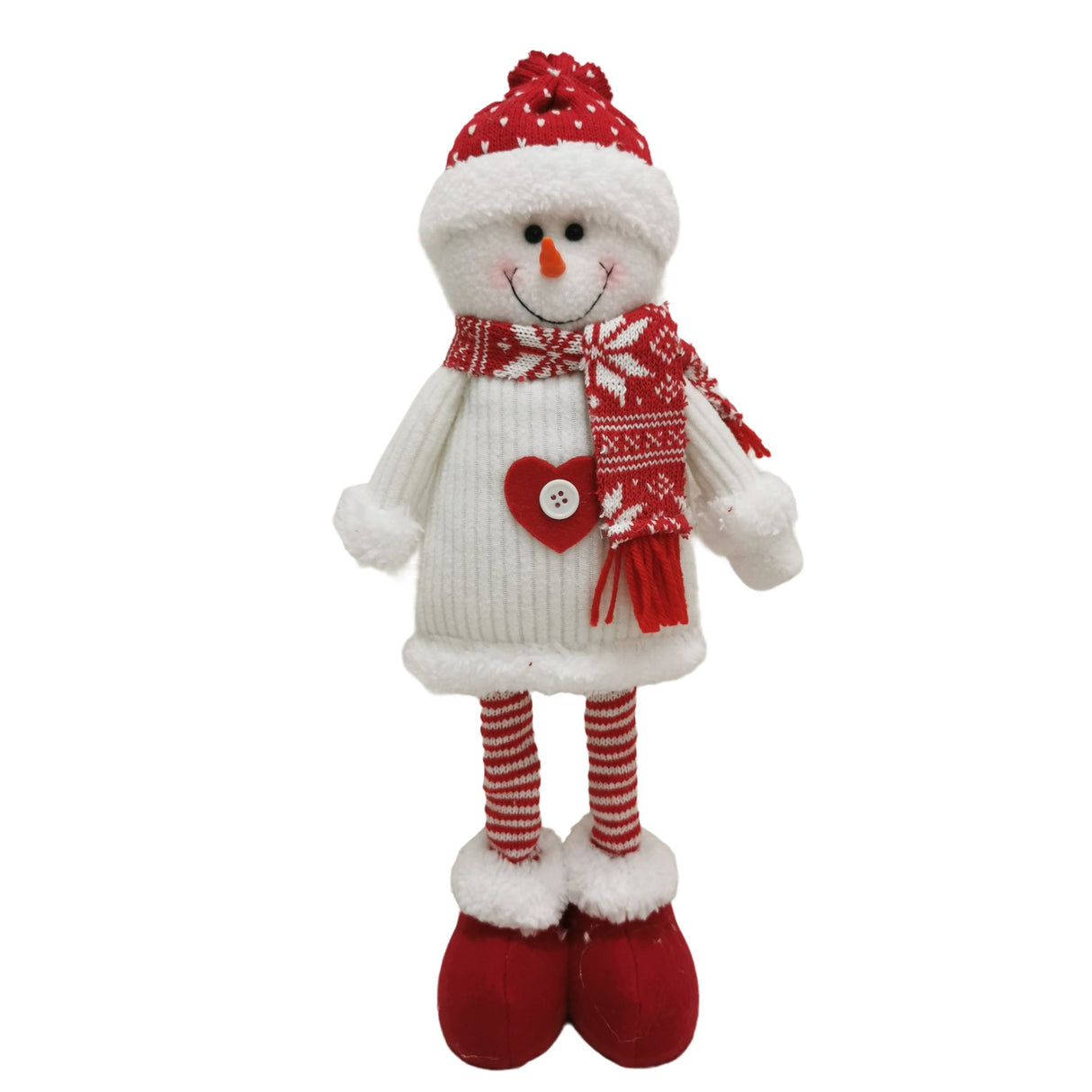 Figurina Decorativa, Pentru Craciun, Om De Zapada, Picioare Telescopice, Inaltime Reglabila 44-54Cm, Caciula Cu Inimioare, /Rosu - vivimall.ro