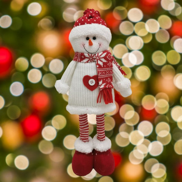 Figurina Decorativa, Pentru Craciun, Om De Zapada, Picioare Telescopice, Inaltime Reglabila 44-54Cm, Caciula Cu Inimioare, /Rosu - vivimall.ro