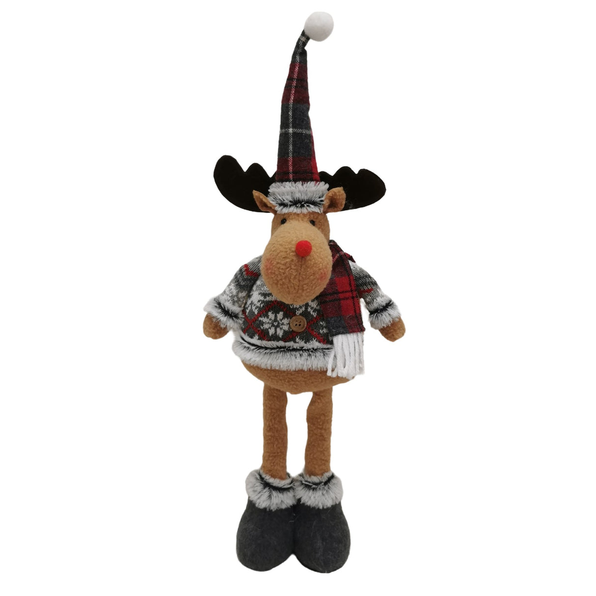 Figurina Decorativa, Pentru Craciun, Ren, Picioare Telescopice, Inaltime Reglabila 44-54Cm, Bluza Cu Fulgi, Rosu/ - vivimall.ro