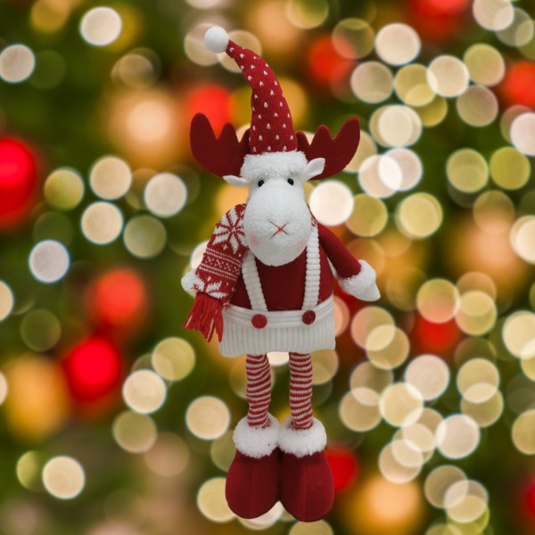 Figurina Decorativa, Pentru Craciun, Ren, Picioare Telescopice, Inaltime Reglabila 44-54Cm, Caciula Cu Inimioare, /Rosu - vivimall.ro