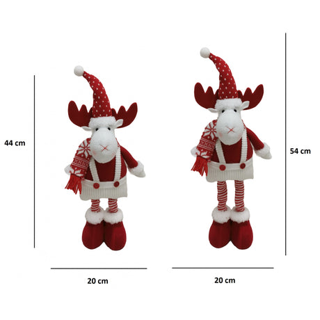 Figurina Decorativa, Pentru Craciun, Flippy, Ren, Picioare Telescopice, Inaltime Reglabila 44-54cm, Caciula cu Inimioare, Alb/Rosu