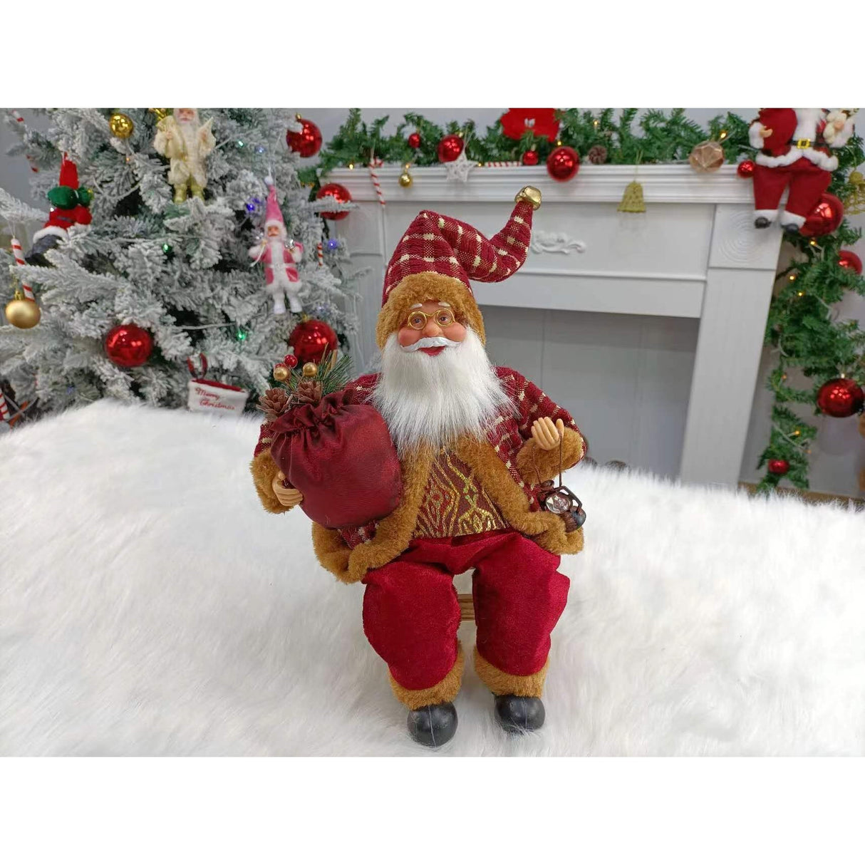 Figurina Decorativa Craciun, Mos Craciun Asezat Cu Sac Si Felinar, Material Plastic+Textil, Interior/Exterior, Rosu/, Resigilat - vivimall.ro
