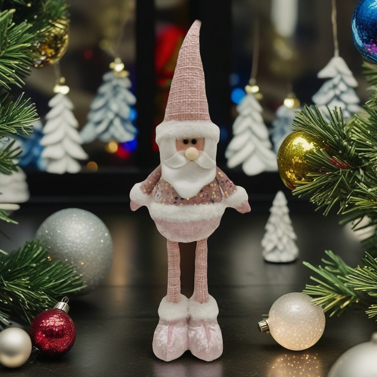 Figurina Decorativa, Pentru Craciun, Mos Craciun, Picioare Telescopice, Inaltime Reglabila 44-54Cm, Bluza Cu Paiete - vivimall.ro