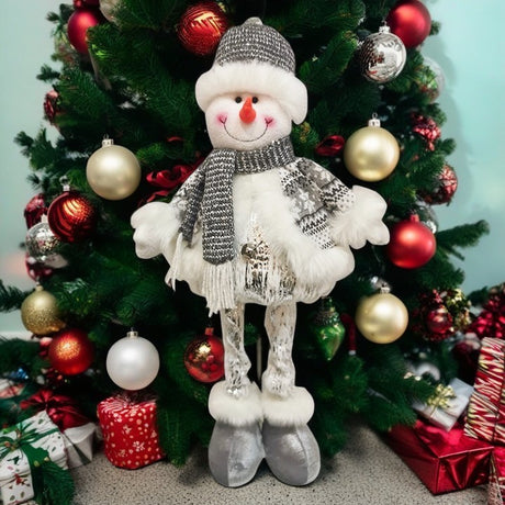 Figurina Decorativa, Pentru Craciun, Om De Zapada, Picioare Telescopice, Inaltime Reglabila 33- 70 Cm, Pantaloni Luciosi, Alb/ - vivimall.ro