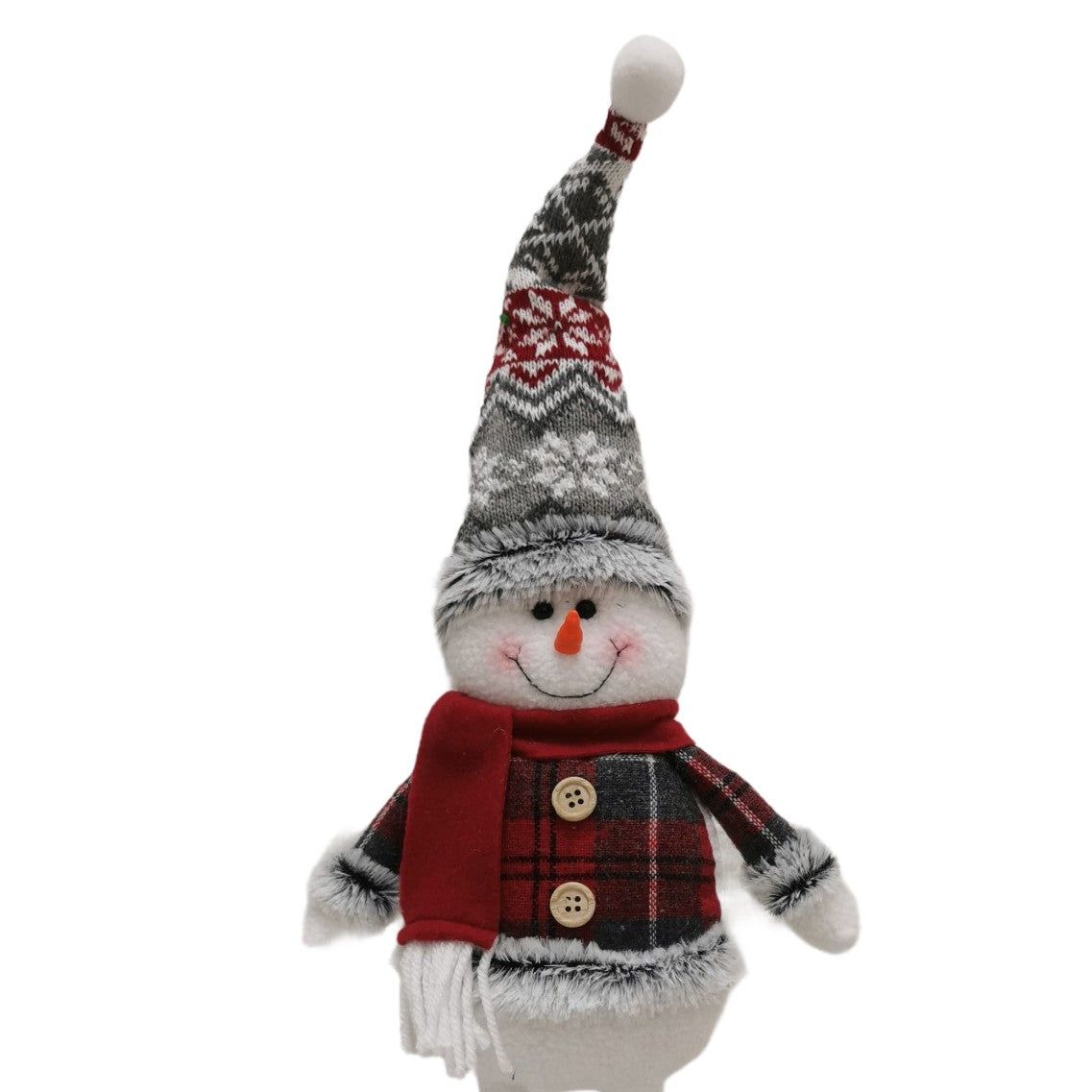 Figurina Decorativa, Pentru Craciun, Flippy, Om de Zapada, Picioare Telescopice, Inaltime Reglabila 44-54cm, Caciula cu Fugi, Rosu/Gri