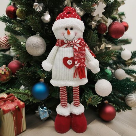 Figurina Decorativa, Pentru Craciun, Om De Zapada, Picioare Telescopice, Inaltime Reglabila 44-54Cm, Caciula Cu Inimioare, /Rosu - vivimall.ro